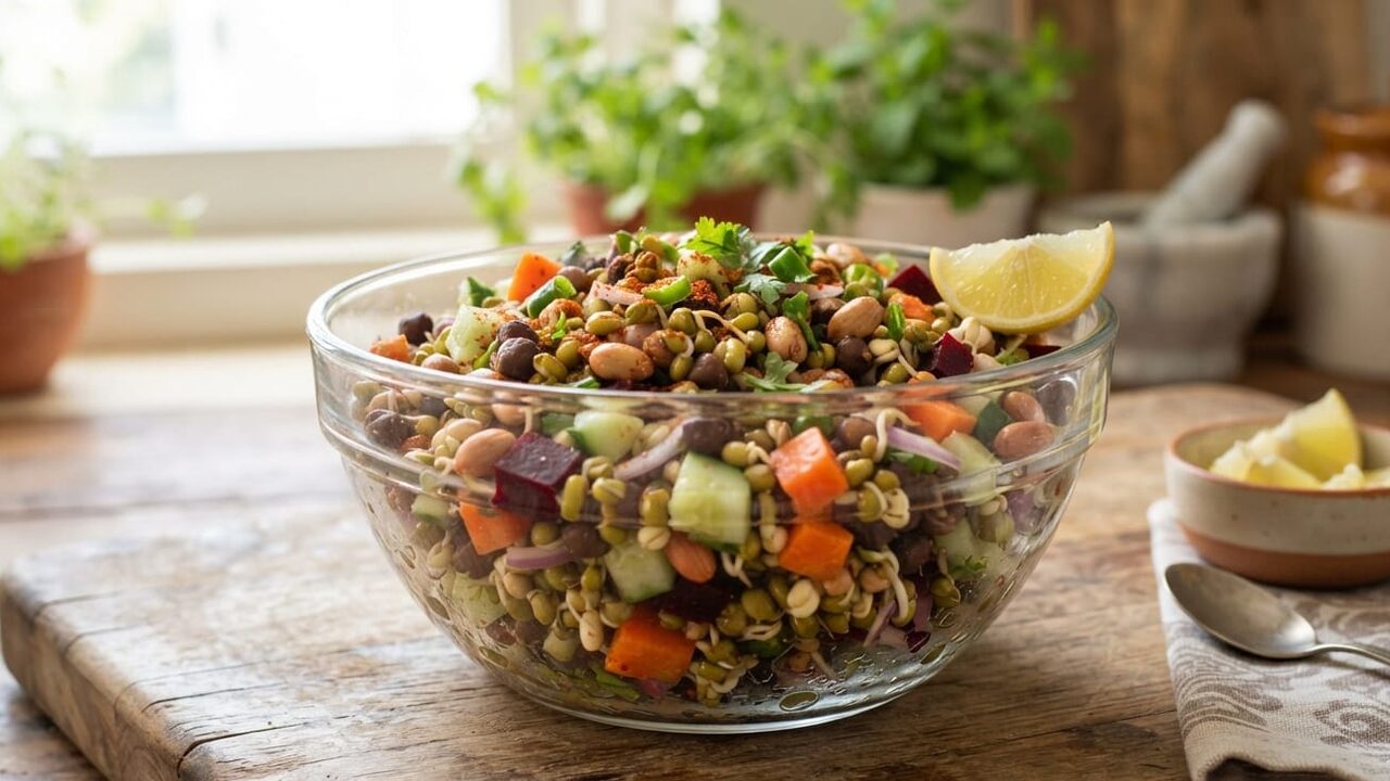 A fresh sprouts salad bowl with mixed sprouts, vegetables, and a wedge of lemon