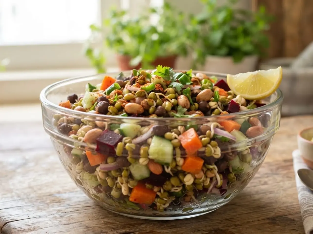 Fitness sprouts salad bowl, a larger portion of mixed sprouts and vegetables
